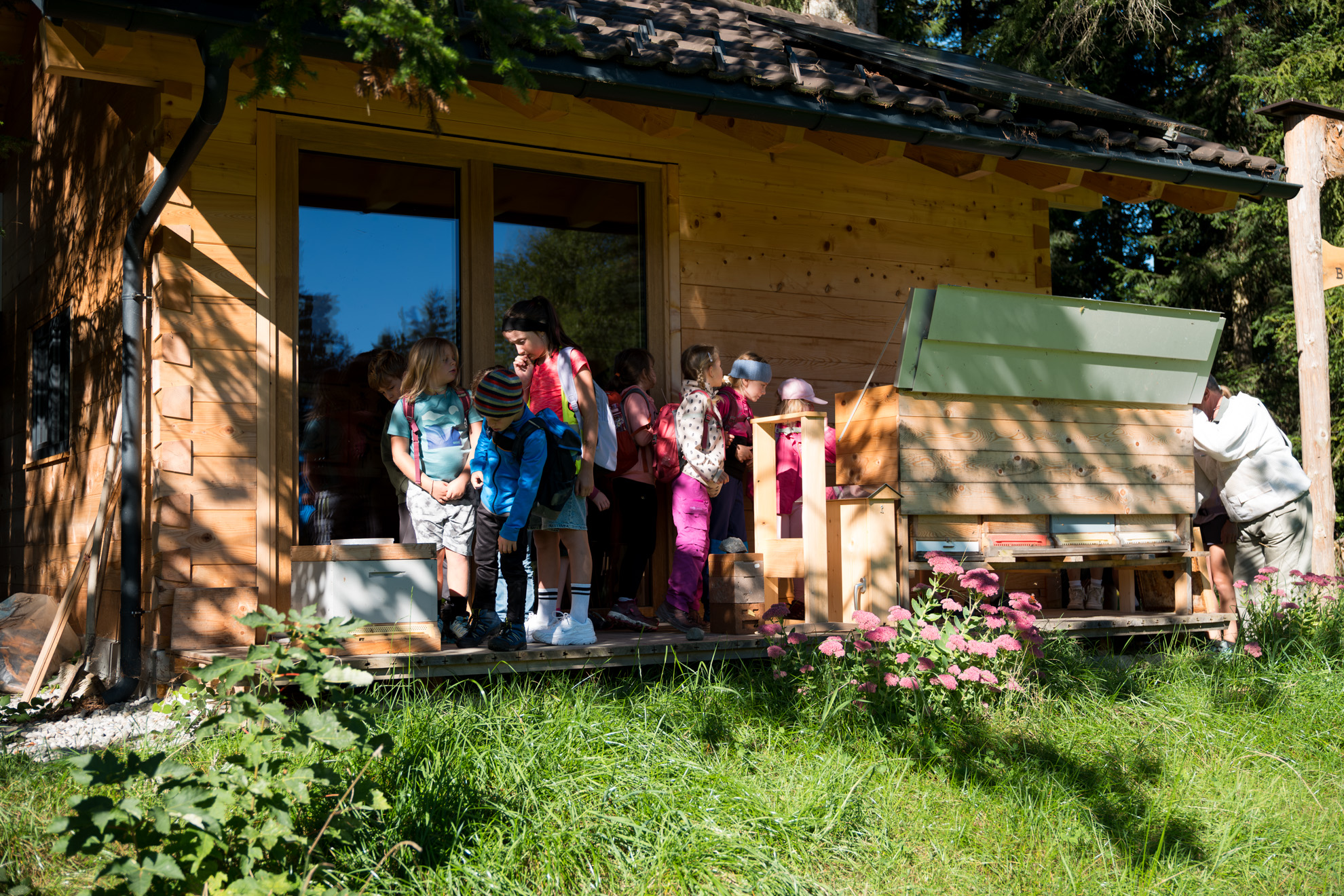 Eine Gruppe von Kindern steht vor einer kleinen Holzhütte mit schrägem Ziegeldach und großen Glastüren, mitten in einem bewaldeten Gebiet. Die Kinder scheinen an einer Aktivität teilzunehmen und betrachten etwas nahe dem Eingang der Hütte. Einige tragen Rucksäcke, was auf einen Ausflug oder eine Exkursion hindeutet. Rechts neben der Hütte befindet sich ein überdachtes Regal mit Büchern oder Materialien. Die Umgebung ist grün und natürlich, mit Gras, blühenden Pflanzen und Bäumen.