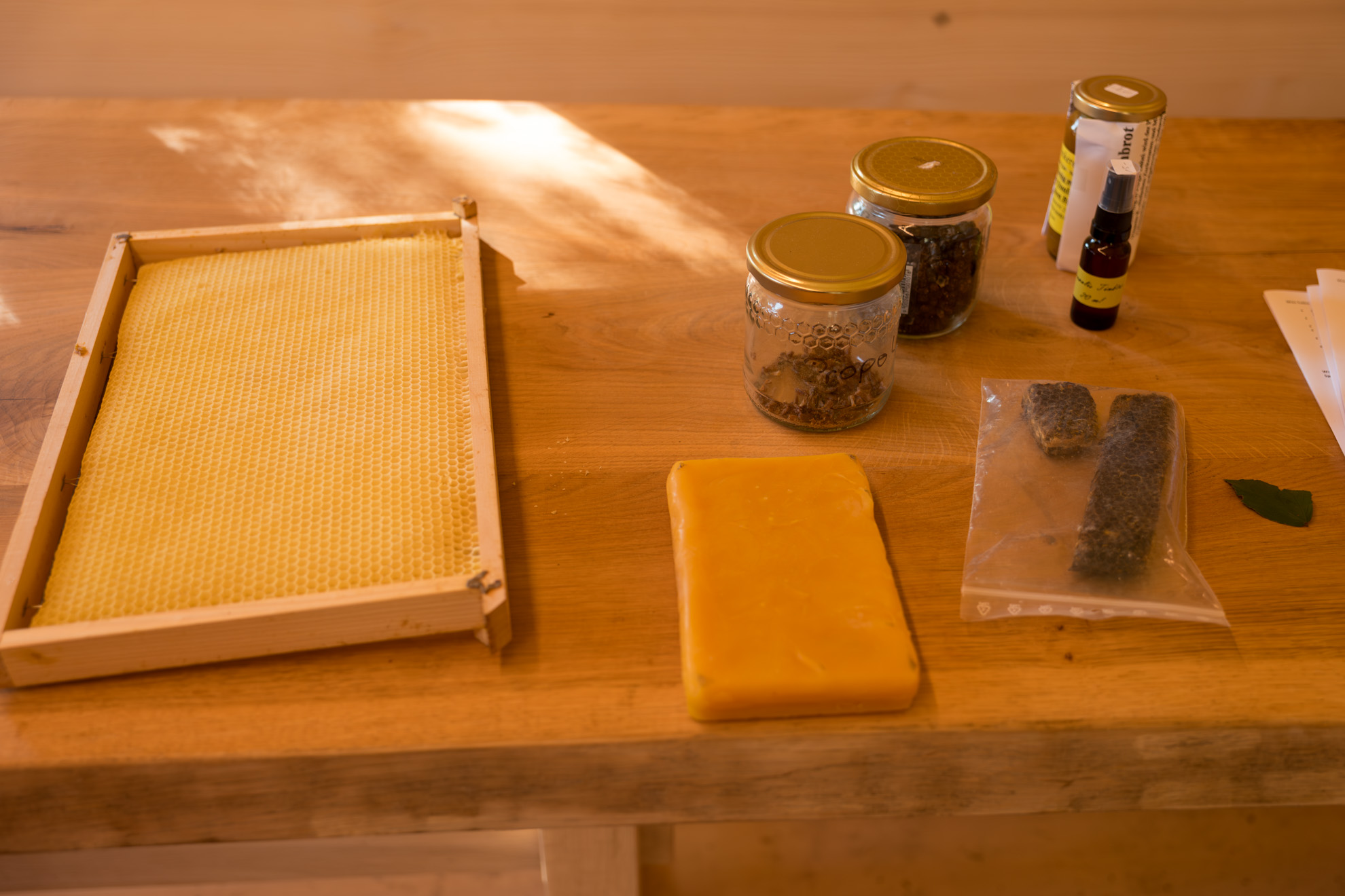 Ein Holztisch mit verschiedenen Produkten aus der Imkerei. Links befindet sich ein Holzrahmen mit einer Wabenplatte, in der Mitte ein großer gelber Block aus Bienenwachs. Daneben liegt ein Plastikbeutel mit zwei dunklen, strukturierten Stücken – vermutlich Propolis oder Pollensticks. Rechts stehen drei Glasgefäße mit Metalldeckeln, gefüllt mit getrockneten Kräutern, Propolis oder Blütenpollen, sowie eine kleine dunkle Flasche mit Pipette. Am rechten Rand liegen einige Papierblätter und ein grünes Blatt.